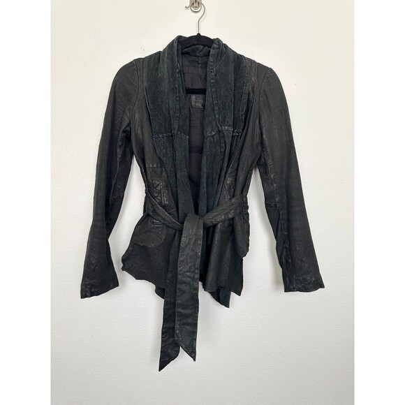 AllSaints Tilbury Leather Waterfall Drape Jacket Belted Black Moto Women's 10